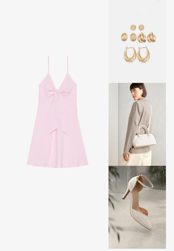 Rochie roz fără mâneci, cu detaliu nod în față și fustă evazată. Fabricată dintr-un material moale cu o textură netedă. Bretele subțiri ajustabile.; Cumpărătură albă cu toc înalt, din material neted, cu vârf ascuțit și bretele pentru glezna. Dispune de un interior de culoare bej deschis și accente din metal aurit.; Geantă structurată albă, cu mânere scurte și curea de umăr, având accente din metal aurit și material texturat, expusă pe un fundal gri.; Set de cercei aurii, care include trei perechi: cercei ovale texturate, cercei cu design ondulat și cercei mari tip cerc cu straturi de rigle.