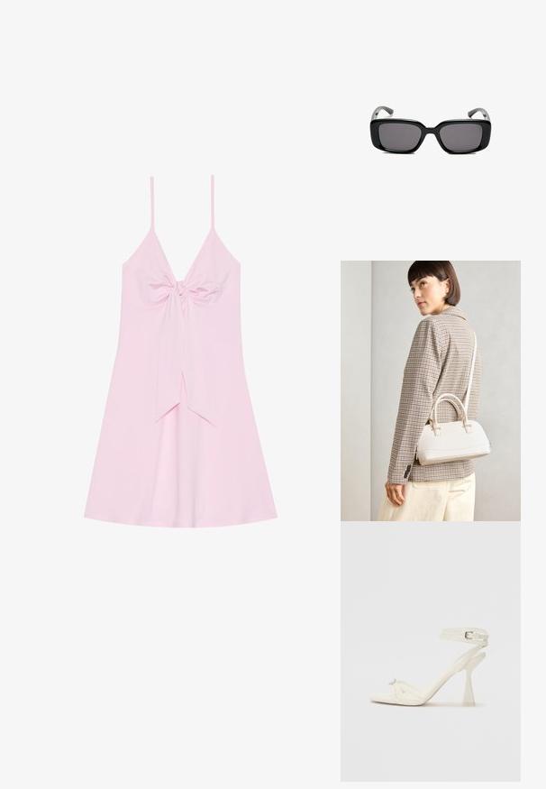 Różowa sukienka bez rękawów z detalem w postaci węzła z przodu i rozkloszowanym dołem. Wykonana z miękkiego materiału o gładkiej fakturze. Regulowane cienkie ramiączka.; Białe skórzane sandały na wysokim obcasie z paskami, o smukłym wyglądzie, z przezroczystym słupkiem i ozdobnym elementem na palcach.; Czarne prostokątne okulary przeciwsłoneczne z ciemnymi soczewkami, gładką plastikową ramką i wygiętymi zausznikami. Projekt jest masywny, o minimalistycznej estetyce.; Biała torebka o strukturalnym kształcie z krótkimi uchwytami i paskiem na ramię, z złotymi akcentami i teksturowanym materiałem, prezentowana na szarym tle.