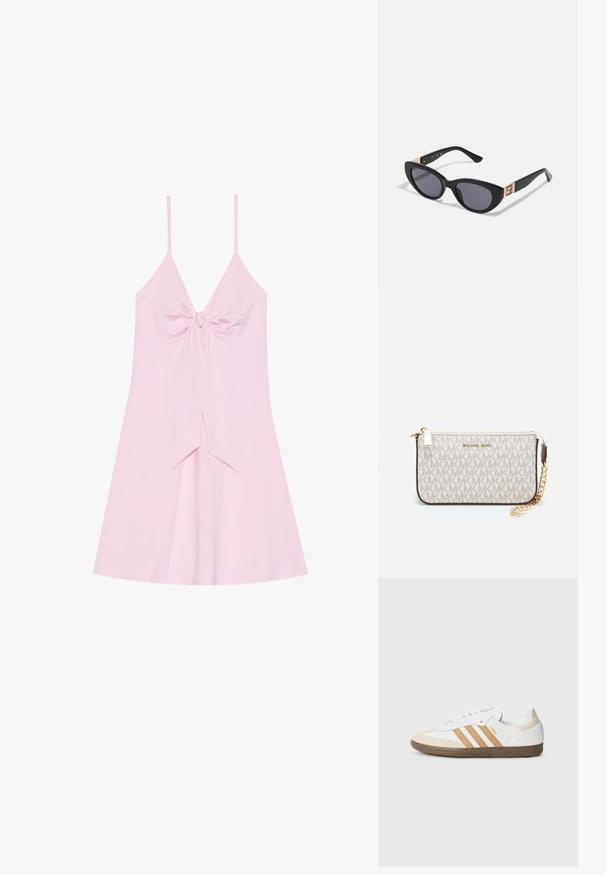 Vaaleanpunainen hihaton mekko, jossa on edessä solmukohta ja leveä helma. Valmistettu pehmeästä kankaasta, jonka pinta on sileä. Säädettävät ohuet olkaimet.; Valkoiset nahkakengät, joissa on vaaleanruskeat mokkanahkaakennot ja kolme valkoista raitaa. Varustettu texturoitulla ruskealla kumipohjalla ja kultaisella logoyksityiskohdalla.; Guess Aurinkolasit - shiny black; Michael Kors kääröbeige pinnoitettua kangasta, jossa on toistuva MK-logo -kuvio, kultaiset yksityiskohdat ja irrotettava ketjuhihna.