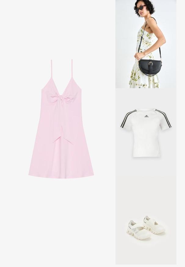 Rozā bezpazīstama kleita ar priekšējo mezglu un izplestu svārku. Izgatavota no maiga auduma ar gludu tekstūru. Regulējamas plānas siksnas.; Baltas īsās piedurknes sporta krekls ar melnu trīs joslu dizainu plecos, gluda tekstūra un neliels melns adidas logotips krūtīs.; Baltas sporta apavas ar sētu aizdari, polsterētu potīti un izteiksmīgu izliekta zole dizainu ar izgriezumiem.; Melnas ādas rokassoma ar izliekta formu, noņemamu siksnu un zelta aksesuāriem. Somai ir vāciņš ar sprādzes detaļu.