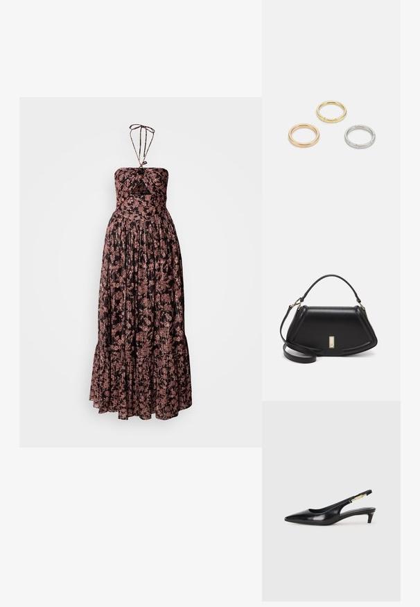 Maxi-mekko, jossa on olkaimeton, laskostettu muotoilu tummassa kankaassa, jossa on vaaleanpunaisia kukkakuoseja. Sidottava kaula-aukko ja röyhelöreunus.; Mustat nahkaiset slingback-korkokengät, joissa on terävä kärki, ohuet korot ja kultasävytteinen yksityiskohta säädettävässä hihnassa. Silkkinen pinta.; Mustalla nahkalaukulla, jossa on jämäkkä muotoilu, lyhyt malli, yläkahva ja kultaiset yksityiskohdat. Säädettävä olkahihna sisältyy.; Kolme metallirengasta: yksi ruusukultainen, yksi kultainen teksturoiduilla yksityiskohdilla ja yksi hopeinen, kaikki kaiverretulla brändäyksellä sisäpuolella.