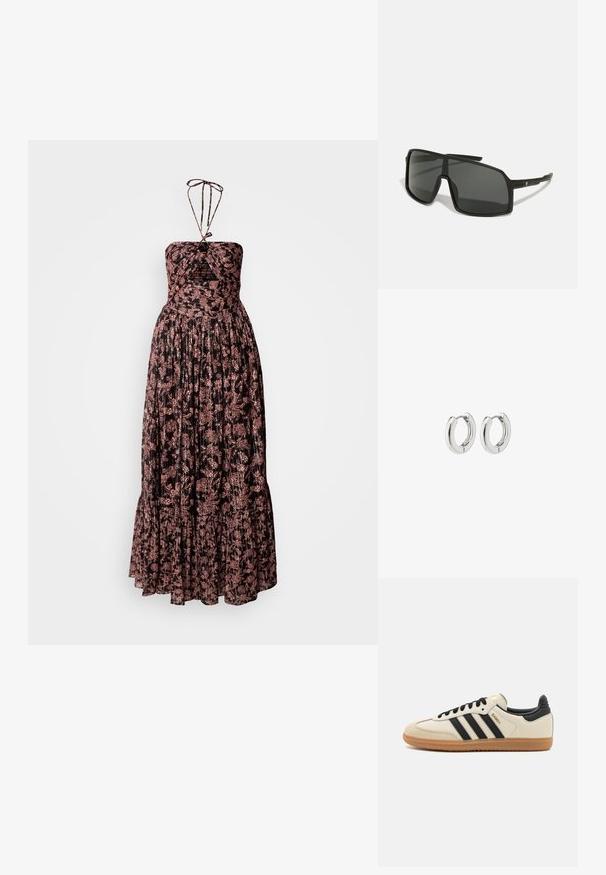 Robe maxi sans bretelles, avec un design plissé en tissu sombre ornée de motifs floraux roses. Encolure halter nouée et ourlet à volants.; Baskets de sport beiges avec des rayures noires, semelle en caoutchouc gomme et accents noirs. Elles présentent un dessus en cuir lisse et un design de bout arrondi.; Lunettes de soleil noires avec une grande monture angulaire, des verres foncés et des branches fines et élégantes présentant un petit logo d'un côté.; Boucles d'oreilles en argent avec une finition polie, présentant un design circulaire et des charnières sans soudure, affichant une texture lisse.