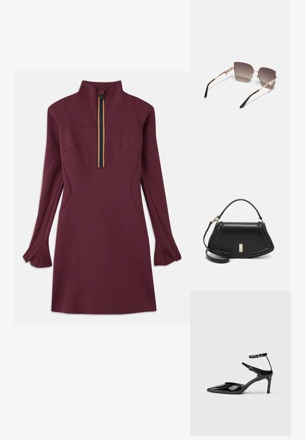 Mauvefarbenes Kleid mit hohem Kragen und einem Halbreißverschluss mit mehrfarbigem Streifen. Lange Ärmel mit ausgestellten Bündchen, glatte Textur.; Schwarze Lacklederabsätze mit spitzer Zehenpartie, verstellbaren Knöchelriemen und einem schlanken Absatz. Glatte Textur mit glänzender Oberfläche.; Sonnenbrille mit einem rahmen aus roségoldfarbenem Metall, kantigen Gläsern, die von dunkelbraun nach hellbraun verlaufen, und einem Schildpattmuster an den Bügeln.; Schwarze Lederhandtasche mit einem strukturierten Design, das eine verkürzte Form, einen oberen Griff und goldfarbene Hardware-Details aufweist. Verstellbarer Schulterriemen ist enthalten.