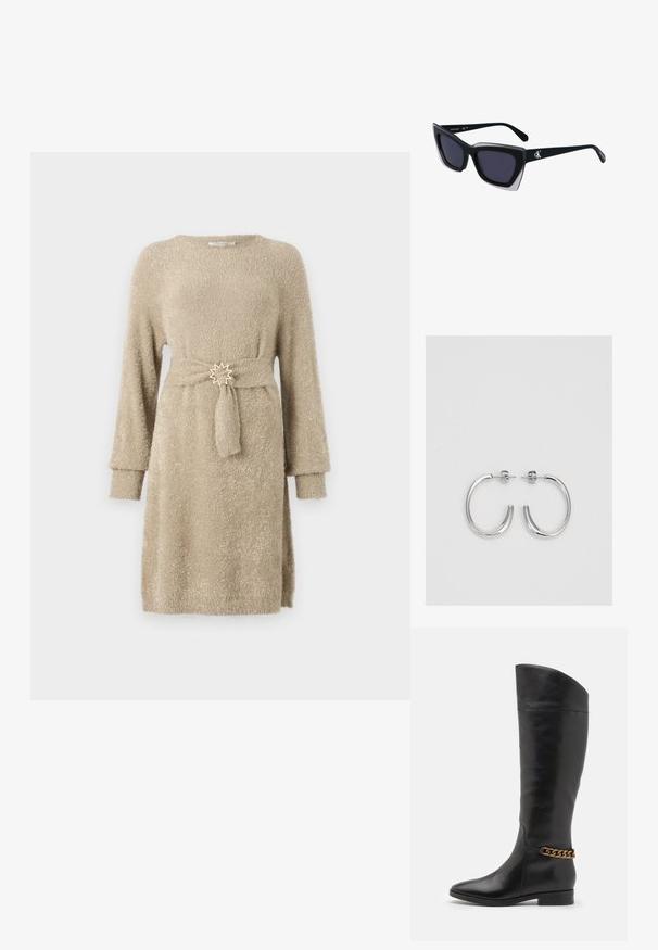 Beige, pitkähihaine neulemekko, jossa on teksturoitu pinta. Varustettu solmittavalla vyöllä, jossa on tähden muotoinen metallikoriste vyötäröllä.; Pitkiä mustista nahkasaappaista, joissa on tyylikäs muotoilu, terävä kärki ja kultaketjuakseli nilkassa. Matala lohko korko. Sujuva pinta.; Mustat ylisuuret aurinkolasit, joissa on geometrinen muoto, tummat linssit ja kehykseen erottuva harmaa yksityiskohta. Logo varressa.; Hopehopeet hopehopeet hopehopeet hopehopeet, jolla on sileä, kiiltävä pinta. Pyöreä muoto, kevyt rakenne, jossa on neulakiinnitys.