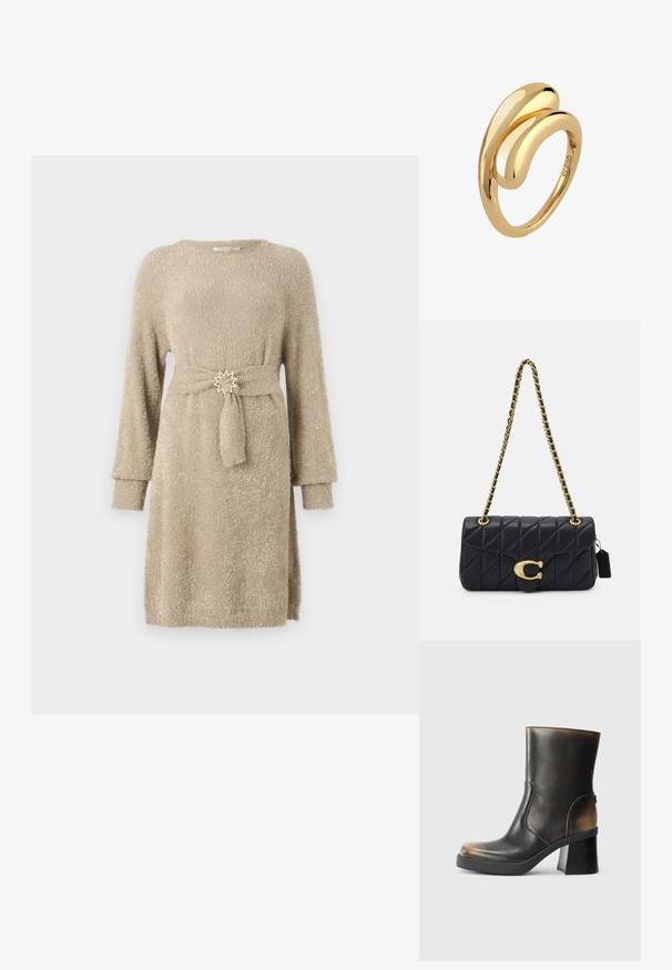 Rochie tricotată bej, cu mânecă lungă și un finisaj texturat. Prezintă o curea legată cu un accent metalic în formă de stea la talie.; Botină neagră din piele cu un finisaj lucios, vârf rotund, accente de tan contrastante, toc block și detaliu cu fermoar pe lateral.; Geantă neagră matlasată cu un umăr din lanț auriu, având un închizător auriu distinctiv și un etichetă mică, prezentând o suprafață din piele texturată.; Inel de aur cu un design neted, curbat, care se învârte, având o finisare lustruită fără gravuri sau accente vizibile.