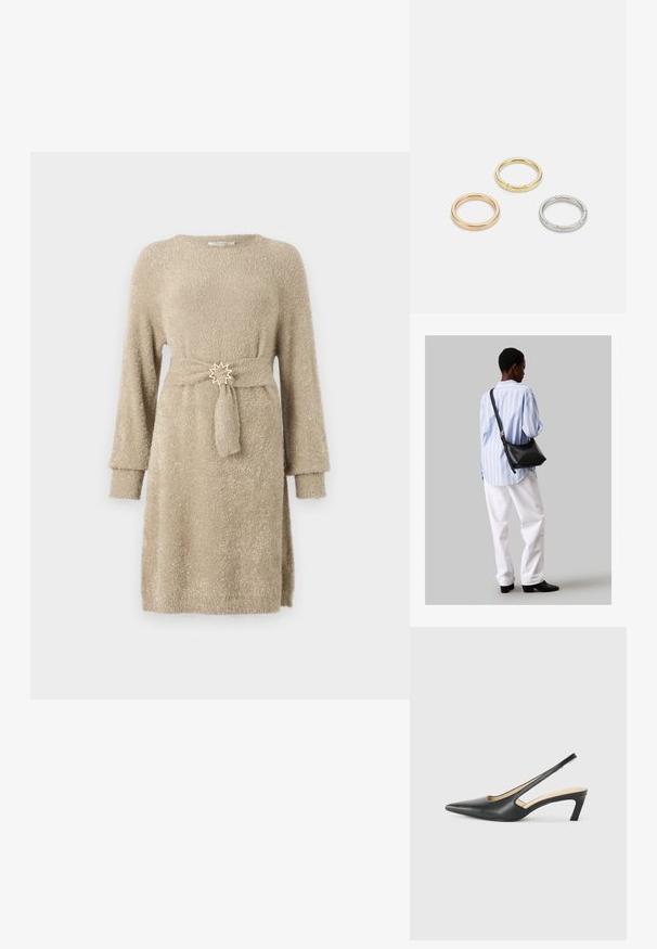 Beige, hosszú ujjú kötött ruha textúrált felülettel. Övvel rendelkezik, amelyet csillag alakú fém díszít a deréknál.; Fekete, hegyes orrú, slingback cipő alacsony sarkával, sima bőrből készült, oldalt kivágott deisgnal a légáteresztőképesség érdekében.; Fekete bőr válltáska puha tapintással, háromszög alakú, állítható pánttal, világoskék csíkos inggel és fehér nadrággal párosítva.; Három fémgyűrű: az egyik rose gold, a másik texturált akcentusokkal ellátott arany, a harmadik pedig ezüst, mindegyiken gravírozott márkajelzés található a belső sávon.
