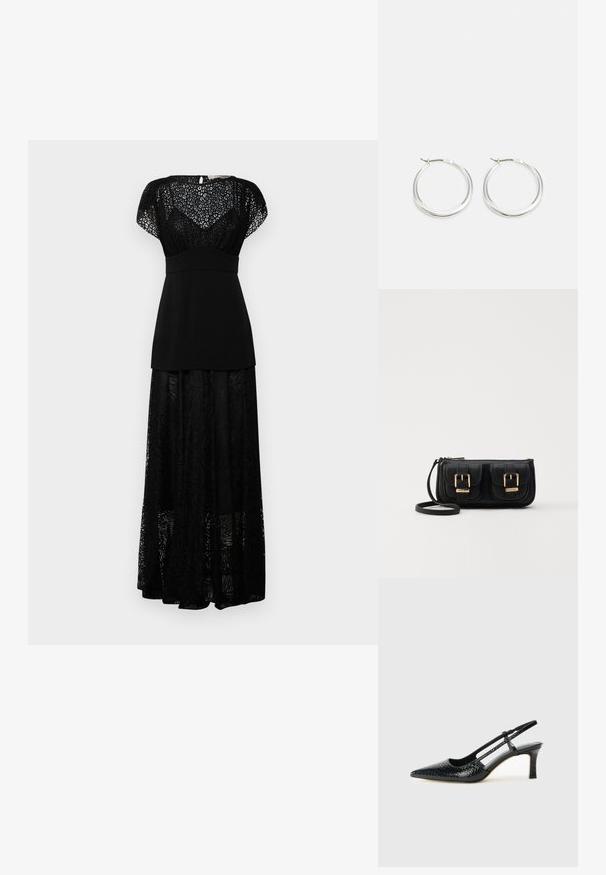 Diane von Furstenberg LESLIE DRESS - Alkalmi viselet - black; Fekete lakk slingback sarok, hegyes orral, texturált kígyómintával, állítható pánttal és rövid, texturált tömbsarkal.; Fekete bőr keresztbody táska két elülső zsebbel, arany csattokkal, cipzáras záródással és vékony pánttal. Textúrált felület és kompakt téglalap alak.; A ezüst karika fülbevalók sima, lekerekített formájúak, vékony profilúak és biztonságos zárással rendelkeznek. Minimalista stílus, fényes befejezéssel.