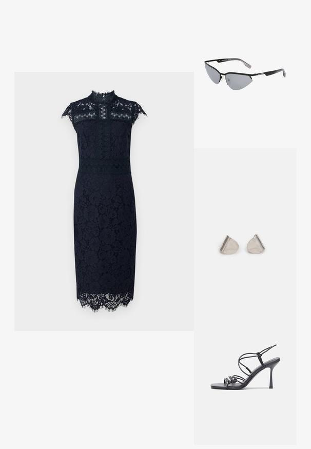 Jūrinės spalvos nėriniuota suknelė su aukštu kaklu, trumpomis rankovėmis, gėlių raštais ir subtiliu nėriniuotu apvadu apačioje. Suknelė turi prigludusią siluetą.; Juodos aukštakulnės sandalai pasižymi plonyčiais dirželiais su mazgo dizainu, lygiu kvadratiniu pirštu ir elegantišku stiletto kulnu.; Juodos saulės akiniai su kampuota katės akių forma. Sidabriniai veidrodiniai lęšiai. Ploni, lengvi plastikiniai rėmeliai su subtiliu ženklinimu ant šventyklų.; Sidabriniai metaliniai auskarai su lygiu, ašaros formos dizainu ir blizgiu paviršiumi. Subtilūs raižiniai prideda detalumo. Minimalistinis dizainas.