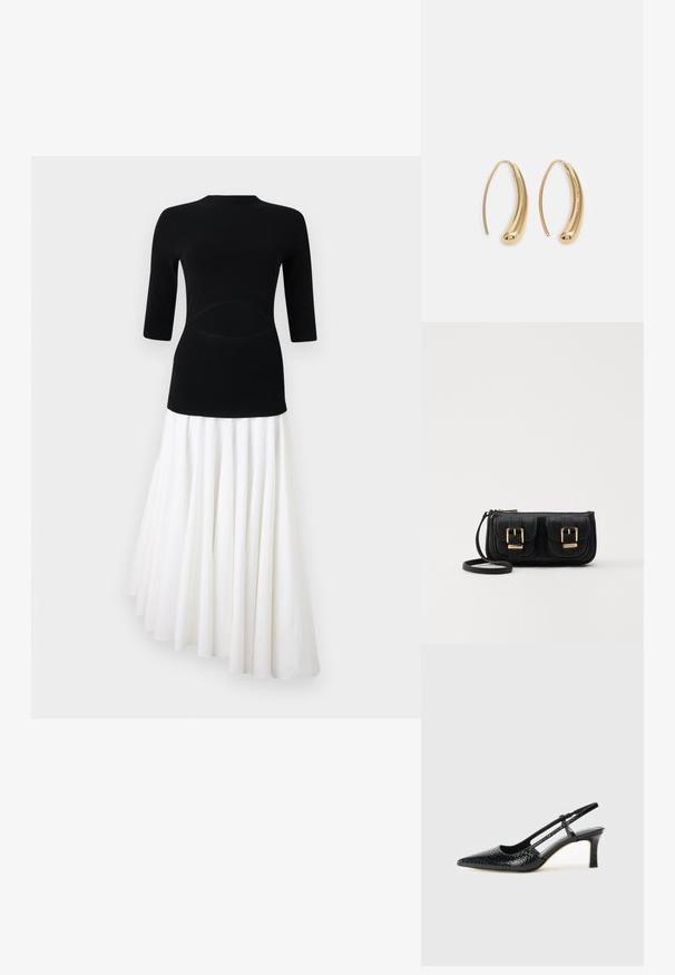 Čierny pletený top s 3/4 rukávmi, kombinovaný s bielou plisovanou sukňou, ktorá asymetricky splýva a vytvára kontrastný dvojfarebný efekt.; Čierne patentové slingback topánky na ihlovom podpätku s špicatou špičkou, s textúrovaným hadím vzorom, nastaviteľným popruhom a krátkym, textúrovaným blokovým podpätkom.; Čierna kožená crossbody taška s dvoma prednými vreckami, zlatými sponami, zipsovým uzatváraním a úzkym popruhom. Štruktúrovaný povrch a kompaktný obdĺžnikový tvar.; Náušnice vo forme zlatých kovových kruhov s zakriveným, predĺženým tvarom. Majú hladký, lesklý povrch a zaoblený koniec pre pridanie detailu.