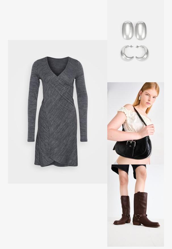 Pitkähihainen kietaisumekko tumman harmaassa värissä, jossa on syvä V-kaula-aukko, teksturoitu kangas ja epäsymmetrinen helma. Joustava ja vartalonmyötäinen muotoilu.; Marron nahka polven ylle ulottuvat saappaat, joissa on pyöreä kärki, teksturoitu pinta, nilkkahihna ja hopeiset yksityiskohdat; kasattu korko.; Mustan nahkabagin olkahihna on kaareva, kiiltävä hopeinen varustus ja irrotettava nimilappu. Pintateknologia on sileä ja siinä on hienovaraisia ompelutietoja.; Hopeasävyiset korvakorut: kaksi ovaalia nappikorua ja kaksi kuukausimaisen muotoista renkaasta, joissa on kiiltävä, sileä pinta ja pyöristetty muoto.