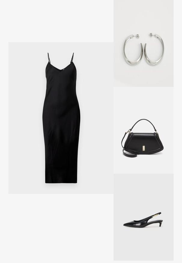 Svart ärmlös midiklänning med tunna spagettiarmband och V-ringning, visad mot en enkel vit bakgrund.; Svart läder slingback-hälar med spetsig tå, med en smal klack och en guldtonad detalj på den justerbara remmen. Slät textur.; Svart läderhandväska med en strukturerad design, som har en avskuren form, ett handtag upptill och guldiga detaljer. Justerbar axelrem ingår.; Silverfärgade hoopsörhängen med en slät, böjd design. Har en glänsande metallisk yta och ett stiftlås. Inga synliga mönster eller detaljer.