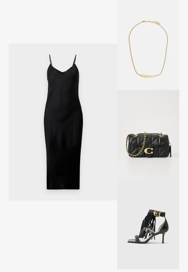 Fekete, ujjatlan midi ruha vékony spagetti pántokkal és V-dekoltázzsal, sima fehér háttérrel bemutatva.; Fekete magassarkú szandál frufrus részletekkel, arany hardverrel ellátott bokapánt, lapos, négyzet alakú orr, valamint két keresztben futó pánttal az átlapolásnál.; Fekete steppelt bőr kézitáska arany lánc pánttal és kör alakú akasztóval. Kompakt, téglalap alakú.; Aranyozott nyaklánc sima, ívelt középső díszítéssel. Rugalmas lánccal rendelkezik, homárzárral és további állítható láncszemekkel.