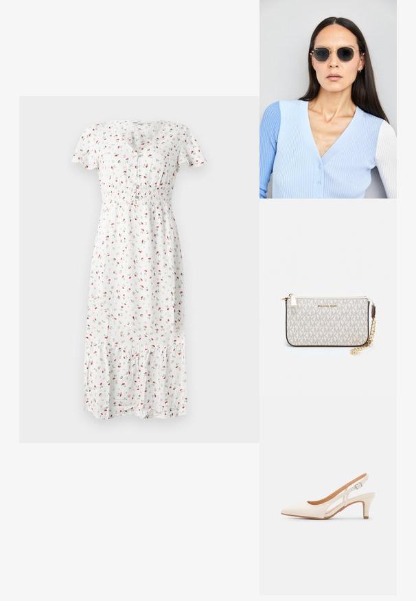 Rochie midi albă cu un mic imprimeu floral roșu, mâneci scurte, decolteu în formă de V, talie smockată și un tiv ondulat evazat. Țesătura pare ușoară.; Sandaie cu toc alb, cu vârful ascuțit, material superior neted, toc mic tip bloc și design cu decupaj lateral, cu curea ajustabilă.; Ochelari de soare rotunzi cu lentile întunecate și rame aurii. Modelul poartă un cardigan ribbed de culoare albastru deschis cu nasturi și mâneci albe în contrast.; Clutch Michael Kors din canva acoperit bej, cu un model repetitiv al logo-ului MK, accesorii din aur și o curea cu lanț detașabil.