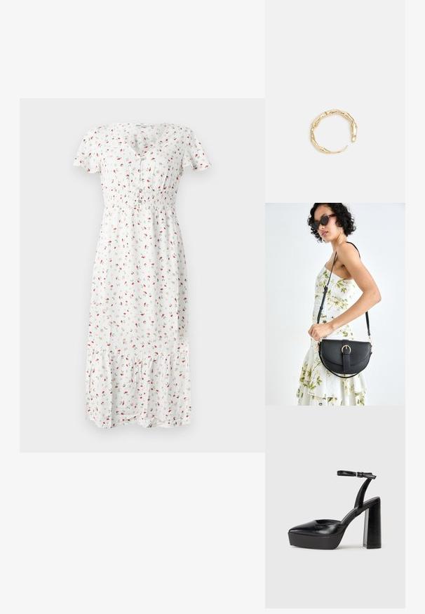 Robe midi blanche avec un petit imprimé floral rouge, manches courtes, décolleté en v, taille smockée et ourlet volanté évasé. Le tissu semble léger.; Escarpins noirs à plateforme avec un bout pointu et une sangle réglable à la cheville. Conçus en cuir lisse, avec un large talon bloc.; Sac à main en cuir noir avec une forme courbée, bandoulière amovible et des accessoires en or. Le sac est doté d'un rabat avec un détail de boucle.; Bague en or ornée d'un design organique et torsadé, avec une texture lisse et des extrémités effilées, créant une apparence moderne et sculpturale.