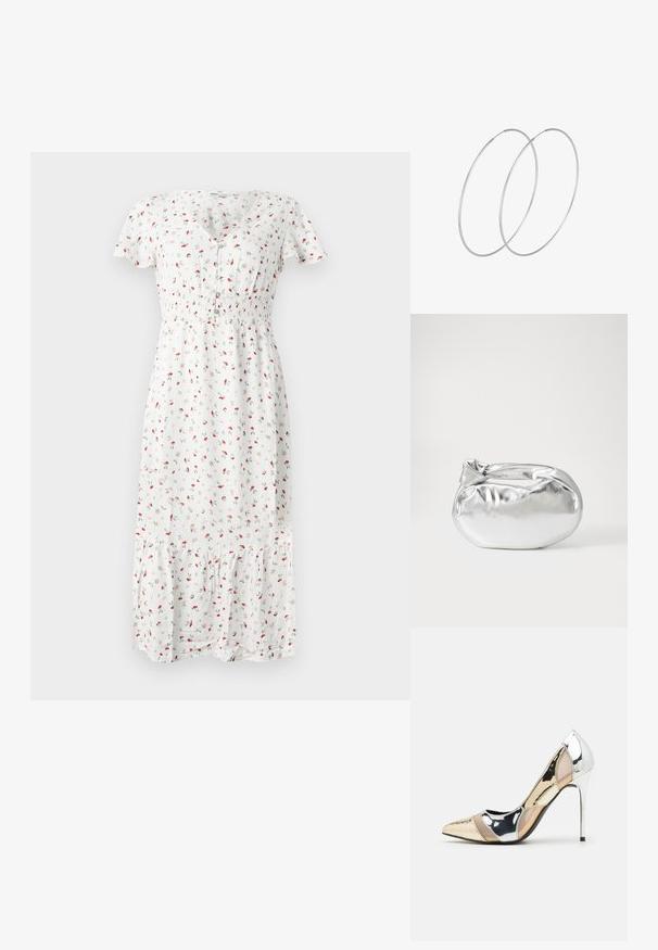 Weißes Midi-Kleid mit kleinem roten Blumenmuster, kurzen Ärmeln, V-Ausschnitt, gerafftem Taillenbund und fließendem, rüschengeschmücktem Saum. Der Stoff wirkt leicht.; Spitz zulaufender High-Heel-Schuh in einer Farbgestaltung aus Silber, Gold und Nude. Glänzende Oberfläche mit Ausschnittdesign und stiletto Absatz.; Silberne metallic Pouch-Tasche mit einer sanften, abgerundeten Form und einem geknoteten Verschluss oben. Hergestellt aus glattem Kunstleder.; Silberne Creolen mit minimalistischem Design. Rundform, glatte Oberfläche und dünnes Profil. Leichtgewichtig mit hochglänzender Oberfläche.