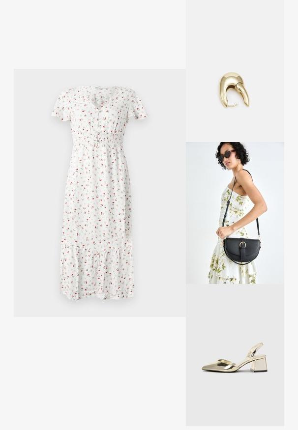 Balta midi kleita ar maziem sarkaniem ziedu rakstiem, īsām piedurknēm, v-veida kakla izmēru, smockēta vidukļa un plandošiem volāniem apakšmalā. Audums izskatās viegls.; Zeltaini, metāla kurpes ar siksniņām, norakans purngalis un masīla papēdis. Gluda tekstūra, minimālisma dizains un šaura siksna.; Melnas ādas rokassoma ar izliekta formu, noņemamu siksnu un zelta aksesuāriem. Somai ir vāciņš ar sprādzes detaļu.; Zeltīti metāla auskari ar gludu, izliekta dizaina. Ar atšķirīgu smailu formu, pulētu virsmu un eņģu aizdari.