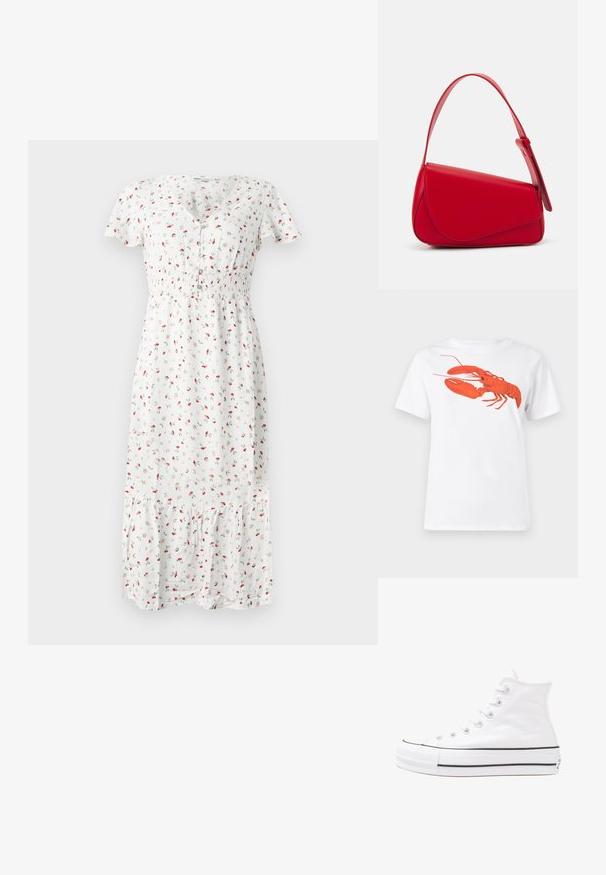 Biele midi šaty s malým červeným kvetinovým vzorom, krátkymi rukávmi, výstrihom do V, riaseným pásom a rozšíreným volánovým lemom. Tkanina pôsobí ľahkým dojmom.; Biely bavlnený tričko s veľkým, jasne červeným grafickým zobrazením homára na prednej strane. Krátke rukávy a štandardný dizajn s okrúhlym výstrihom.; Biele vysoké plátené tenisky s čiernou gumovou podošvou, prednou gumovou špičkou a šiestimi okami na šnúrky, s čistým, minimalistickým dizajnom.; Červená kožená kabelka s ostrým, geometrickým dizajnom. Má jeden nastaviteľný popruh a uzatváranie na klopu so šitím.