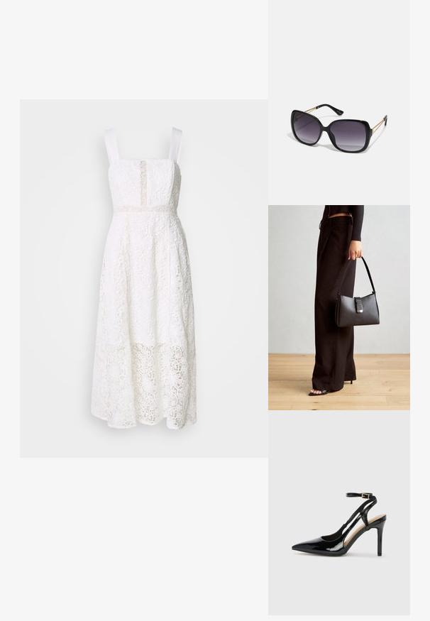 Robe en dentelle blanche avec encolure carrée, larges bretelles et design en couches. Présente des motifs floraux et un accent en tissu transparent en haut.; Escarpin en cuir verni noir à talon haut, avec un bout pointu, une bride réglable à la cheville et des côtés ouverts. Texture lisse.; Lunettes de soleil noires surdimensionnées avec des verres dégradés, monture épaisse et détails en chaîne dorée sur les branches.; Sac à main noir à la forme structurée, texture lisse et fermoir métallique. Associé à un pantalon noir ample et des sandales ouvertes sur un sol en bois.