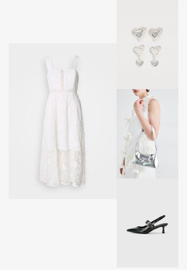 Robe en dentelle blanche avec encolure carrée, larges bretelles et design en couches. Présente des motifs floraux et un accent en tissu transparent en haut.; Escarpins slingback en cuir verni noir avec un bout pointu et un petit talon bloc, mettant en avant un accent en boucle argentée sur la sangle.; Sac à main métallisé argenté au design structuré, avec une poignée supérieure et un détail en nœud sur le devant. Texture lisse, fini réfléchissant.; Des boucles d'oreilles en argent en forme de cœur présentent des pierres claires facettées, avec un cadre texturé. L'ensemble comprend des styles à clou et des styles pendants.