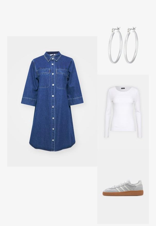 Tumši zila denima krekla kleita ar pogu aizdari priekšpusē, apkakli, divām krūšu kabatām, trīs ceturtdaļveida piedurknēm un noapaļotu apakšmalu.; Balts ribots garām piedurknēm krekls ar apaļu kakla izgriezumu. Izgatavots no elastīga auduma, kas pieguļ ķermenim. Iezīmējas ar smalkām horizontālām līnijām.; Gai pelēki zamšīgās kedas ar baltām ādas detaļām, trim baltām līnijām un brūnu gumijas zoli, ar mīkstinātu apkakli komforta nodrošināšanai.; Sudraba riņķveida auss gredzeni ar gludu, pulētu apdari. Apaļa forma un drošs klikšķa augšējais slēgums. Viegls dizains, kas piemērots ikdienas valkāšanai.