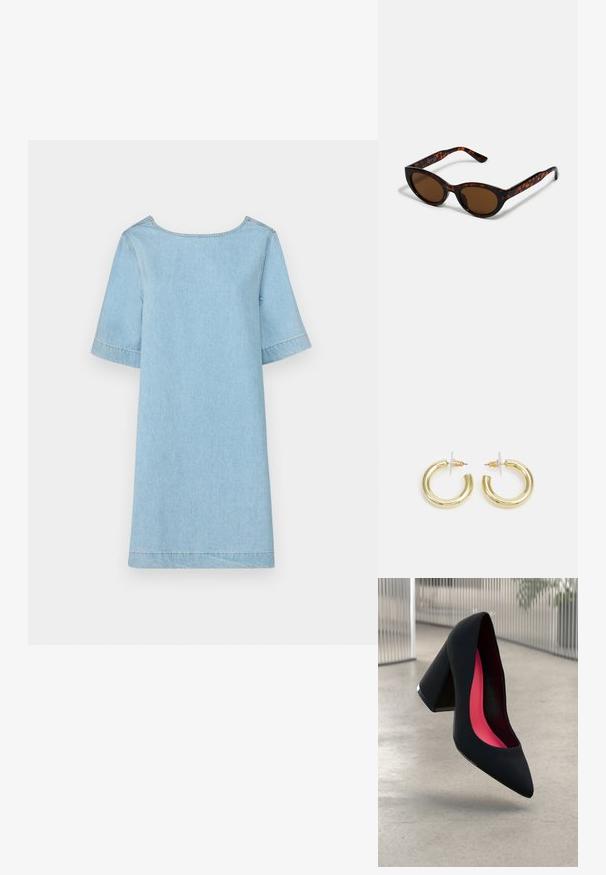 Világoskék farmerruha laza szabással, rövid ujjakkal, kerek nyakkivágással és steppelt részletekkel az alján. Nincs rajta minta vagy díszítés.; Fekete magassarkú cipő hegyes orral, textúrált felülettel és élénk rózsaszín béléssel. Vastag sarokkal rendelkezik, ezüst kiegészítővel.; Barna teknősbéka napszemüveg vintage macska szemformával és barna lencsékkel. Íves karokkal rendelkezik, amelyek piros részletekkel vannak ellátva.; Arany fülbevalók sima, fényes felülettel. Kör alakú dizájn, amely kis kapoccsal és átlátszó tartozékkal rendelkezik a biztonságos viselés érdekében.