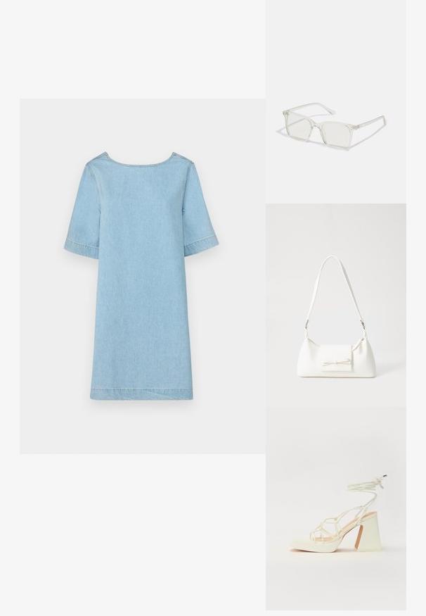 Šviesiai mėlyna džinsinė suknelė su laisvu siluetu, trumpomis rankovėmis, apvalia iškirpte ir siuvinėjimu kraštuose. Be raštų ar akcentų.; Balti aukštakulniai sandalai su masyviu kulnu, su dirželių dizainu ir kulkšnies raiščiu. Lygi tekstūra su platforma priekyje, suteikianti papildomą aukštį.; Permat nuleidžiai skaidrūs kvadrato formos akinius su permatomais lęšiais, kurie turi auksines detales ant šventyklų.; Balta sintetinė rankinė trikampio formos, plokščiu priekiu su užsegimu, kaspino detale, reguliuojama dirželiu, lygia tekstūra ir minimalistišku dizainu.