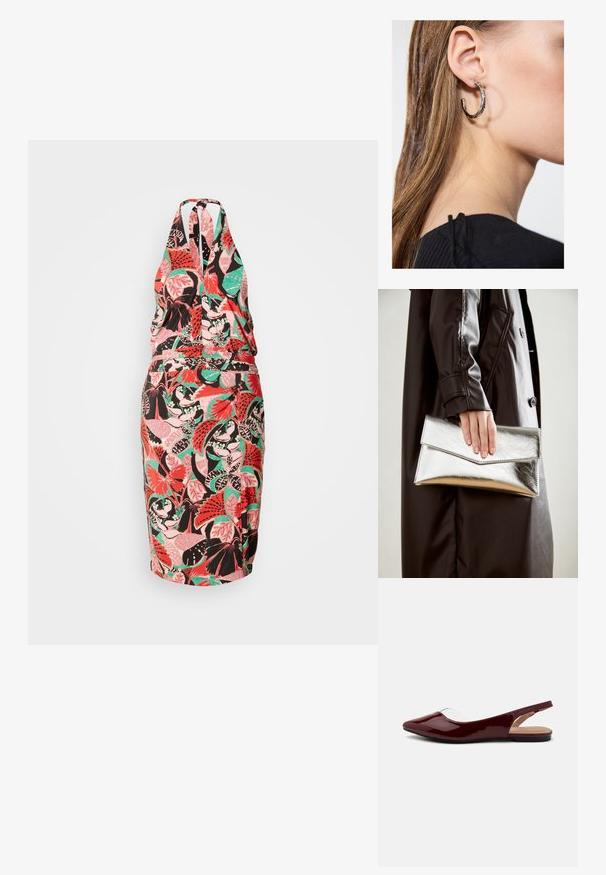 Halter neck dress with a fitted silhouette, featuring a colorful floral pattern in pink, green, and black on a light background.; Burgundy patent slingback flats with a pointed toe, transparent cutout, and a flat black sole. Smooth texture, minimalist design.; Silver metallic clutch with an angular envelope design, smooth texture, and contrasting interior color, held in a hand wearing a black coat.; Silver hoop earring with a polished finish, featuring small gold accent details and a round shape, worn on the lobe.