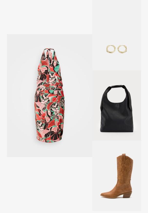 Halter neck dress with a fitted silhouette, featuring a colorful floral pattern in pink, green, and black on a light background.; Tan leather cowboy boot with pointed toe, embroidered swirl patterns on shaft, and a stacked block heel. Features a pull tab for easy wear.; Black leather hobo bag with a single, soft, rounded handle; features a smooth texture and a minimalist design. No visible hardware or accents.; Gold hoop earrings with a textured, irregular shape. Features a seamless closure and a polished surface finish, emphasizing a modern design.