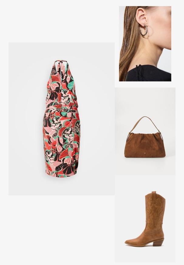Halterneckjurk met een getailleerde pasvorm, voorzien van een kleurrijk bloemenpatroon in roze, groen en zwart op een lichte achtergrond.; Tan leren cowboylaars met puntige neus, geborduurde spiraalpatronen op de schacht en een gestapelde blokhak. Voorzien van een trekband voor gemakkelijke aan- en uittrekken.; Bruine suède handtas met een geplooid ontwerp, voorzien van een enkele tan kleur leren schouderband en een subtiele gouden logo-detail aan de voorkant.; Zilveren oorbel met een gepolijste afwerking, met kleine gouden accentdetails en een ronde vorm, gedragen op de oorlel.