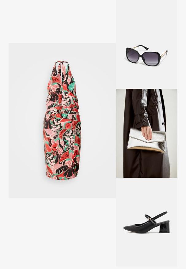 Halterneckklänning med en figursydd silhuett, prydd med ett färgglatt blommönster i rosa, grönt och svart mot en ljus bakgrund.; Svarta lackläder slingback-klackar med spetsig tå, en rundad utskärning och en blockklack. Utsmyckad med en spänne i guldton.; Svarta överdimensionerade solglasögon med gradientlinser, tjocka bågar och kedjedetaljer i guldton vid tempelarmarna.; Silverfärgad metallisk kuvertväska med en vinkelrät design, slät textur och kontrasterande innervärd, hålls i en hand som bär en svart kappa.