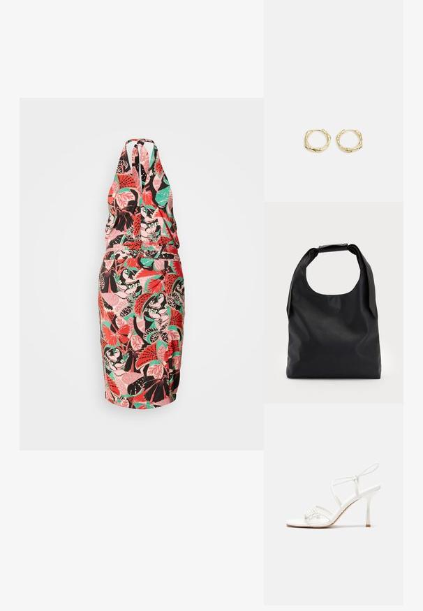 Šaty s halter krkem a přiléhavým siluetu, s barevným květinovým vzorem v růžové, zelené a černé na světlém pozadí.; Bílé sandály na vysokém podpatku s tenkým páskem kolem kotníku, plochou špičkou, texturovaným předním dílem s nařasenými detaily.; Černá kůže hobo taška s jedním měkkým, zaobleným uchopem; má hladkou texturu a minimalistický design. Bez viditelného kovového doplňku nebo akcentů.; Zlaté kruhové náušnice s texturovaným, nepravidelným tvarem. Disponují bezproblémovým uzávěrem a leštěným povrchem, což zdůrazňuje moderní design.