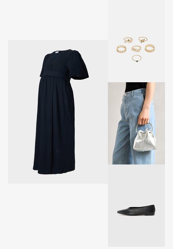 Vestido maxi azul-marinho em um tecido texturizado, com decote em V, mangas bufantes e um cós franzido para um caimento solto.; Bailarina de couro preto, bico fino, design minimalista, textura suave, salto baixo, sem hardware ou embelezamentos visíveis.; Saco de balde prateado metálico com um acabamento texturizado, adornado com uma pega redonda prateada e fecho de cordão, segurado contra jeans azul claro.; Conjunto de seis anéis dourados com vários designs: trançados, com motivos de folhas e bandas sólidas; alguns com detalhes em pedras preciosas verdes.