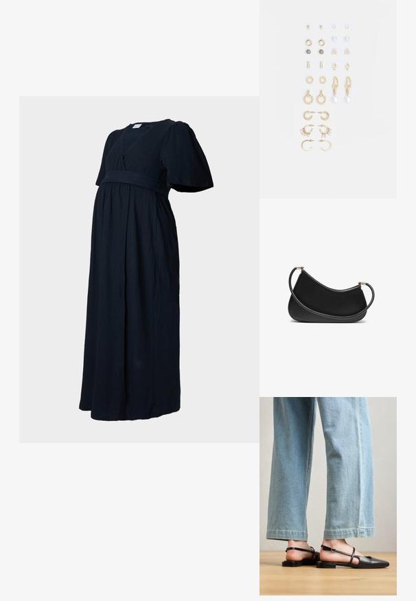 Dunkelblaues Maxikleid aus einem strukturierten Stoff, mit V-Ausschnitt, puffartigen Ärmeln und einem gerafften Taillenbund für eine lockere Passform.; Schwarze Lederslingback-Schuhe mit spitzer Zehe, flachem Absatz und Knöchelriemen; getragen mit hellblauen, weit geschnittenen Jeans.; Schwarze Leder-Schultertasche mit geschwungenem Design, ausgestattet mit einem strukturierten Riemen und goldfarbenen Beschlägen am oberenverschluss. Glatte Oberfläche.; Goldfarbene Ohrringe in verschiedenen Designs, darunter Stecker, Creolen und hängende Modelle mit Perlen und Strass.
