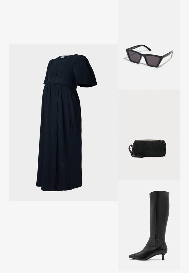 Vestido maxi azul-marinho em um tecido texturizado, com decote em V, mangas bufantes e um cós franzido para um caimento solto.; Zign Botas - black; Óculos de sol pretos, angulares, com lentes cinzas; feitos de plástico, apresentando hastes grossas com uma superfície lisa e sem hardware visível.; Clutch bag preta em camurça, com fecho em zíper e alça de pulso removível. Apresenta acessórios em tom dourado e uma textura suave e fosca.