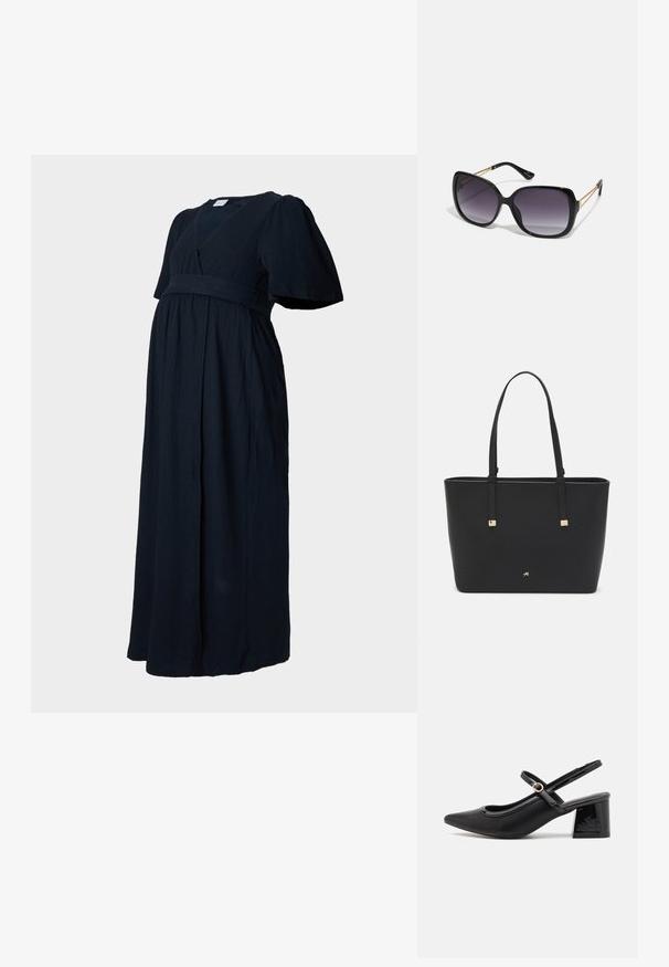 Tmavomodré maxi šaty z textúrovanej tkaniny s výstrihom do V, nariasenými rukávmi a zúženým pásom pre voľný strih.; Čierne lakované kožené lodičky so slingback dizajnom, špicatou špičkou, zaobleným výrezom a blokovým podpätkom. Obsahuje akcent zlatého tónu s prackou.; Čierne oversized slnečné okuliare s gradientovými sklíčkami, hrubými rámami a zlatým retiazkovým detailom na stranách.; Čierna taška na rameno vyrobená z syntetického materiálu, s jednoduchým obdĺžnikovým dizajnom, zlatými štvorcovými akcentami a dvojitými uchami.