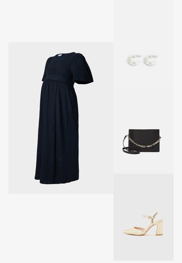 Tumšas jūras zila maxi kleita ar faktūrētu audumu, kurai ir V veida kakla izgriezums, pūkainas piedurknes un savilktā josta, nodrošinot brīvu piegriezumu.; Zelta metāla augstpapēžu kurpes ar norādītu purngalu, potītes siksniņu ar apaļo aizdari un masīvu papēdi. Gluda tekstūra.; Melna ādas crossbody soma ar gludu faktūru, taisnstūrveida formu un metalizētu ķēdes detaļu priekšā. Iekļauta regulējama siksna.; Sudraba toņa auskari ar savīti gredzenu dizainu, ar teksturētu virsmu un ribotu apdari, nostiprināti ar stieples aizdari.