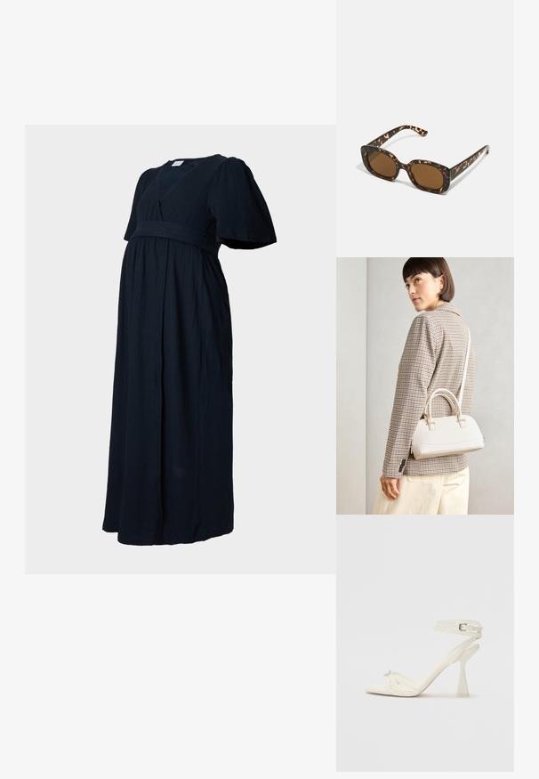 Tmavě námořnické maxi šaty z texturované tkaniny, s výstřihem do V, nafouklými rukávy a nařaseným pasem pro volný střih.; Bílé kožené sandály na vysokém podpatku s tenkými řemínky, elegantním designem, průhledným blokovým podpatkem a dekorativním prvkem na špičce.; Sluneční brýle ve skořápce želvy s kulatým, širokým rámem a hnědými čočkami. Mají jemné vzory a rovné, zúžené stranice.; Bílá strukturovaná kabelka s krátkými uchy a ramenním popruhem, zdobená zlatými kovovými prvky a texturovaným materiálem, vystavená na šedém pozadí.