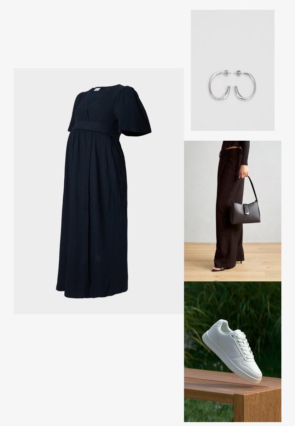 Vestido maxi en un tejido texturizado de un oscuro azul marino, con escote en V, mangas abullonadas y una cinturilla fruncida para un ajuste holgado.; Zapatilla blanca con un upper sintético suave, caja de dedos perforada, cordones planos y una suela texturizada, exhibida sobre una superficie de madera.; Bolso negro con forma estructurada, textura suave y un cierre metálico. Combinado con pantalones anchos negros y sandalias de dedo en un suelo de madera.; Aros de plata en forma de aro con un acabado liso y brillante. Diseño redondeado y ligero, con cierre de tipo post-back.