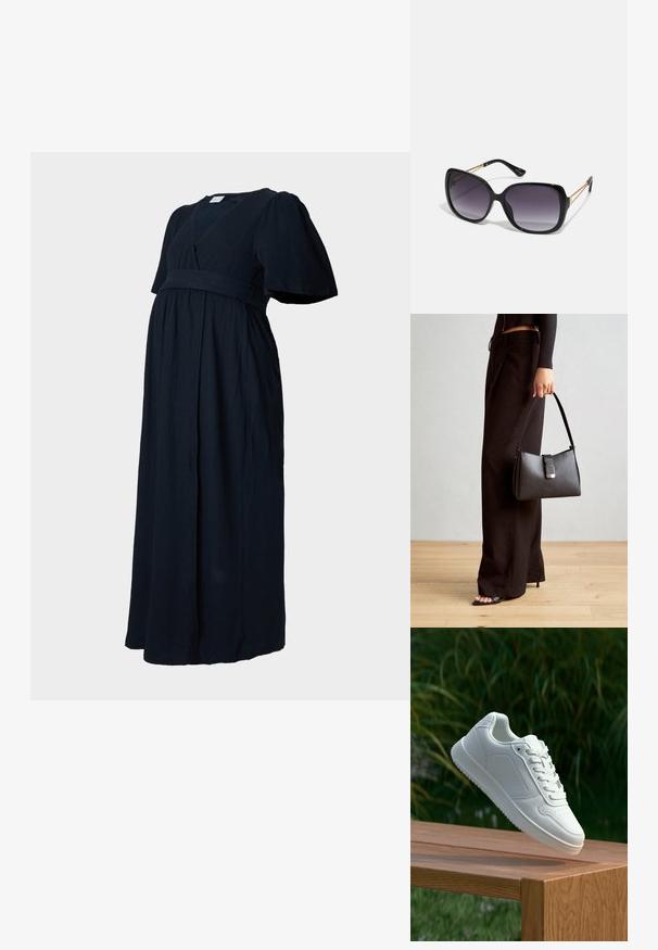 Tamsiai mėlyna maksi suknelė iš tekstūrinio audinio, su V formos iškirpte, pūstuvasčiau ir surinkta juosmenine dalimi, suteikiančia laisvą siluetą.; Balti sneakeriai su lygia sintetine viršutine dalimi, perforuota pirštų zona, plokščiomis raištelėmis ir tekstūruotu padu, padėti ant medinės paviršiaus.; Juodos didelės saulės akinių su pereinamais objektyvais, storomis rėmeliais ir auksinės spalvos grandinėmis ant šventyklų.; Juodas rankinė struktūrizuota forma, lygi tekstūra ir metalinis užsegimas. Suporuota su plačiomis juodomis kelnėmis ir atvirais bateliais ant medinių grindų.