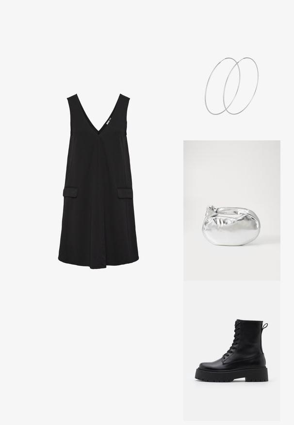 Musta ilman hihoja V-pääntie mekko, jossa on etutaskut ja A-linjainen siluetti.; Musta nahkainen nilkkureita, joissa on pyöreä kärki, nauhakiinnitys edessä ja paksu kumipohja, jossa on teksturoitu pinta. Takana vetotappi.; Hopeapintainen metallinen pussilaukku, jolla on pehmeä, pyöreä muoto ja solmittava yläosa. Valmistettu sileästä tekonahkamateriaalista.; Hopehope hopeilla, joissa on minimalistinen muotoilu. Pyöreä muoto, sileä pinta ja ohut profiili. Kevyet ja kiillotetut.