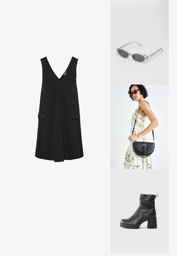 Rochie neagră fără mâneci, cu decolteu în V, cu buzunare frontale și siluetă în formă de A.; Bocanci negri de glezna din piele netedă, cu fermoar lateral, toc texturat și masiv, și design cu vârf rotund.; Ochelari de soare cu formă ovală, ramă din plastic transparent, lentile gri închis și brațe subțiri transparente cu accente de logo și detalii minime.; Geantă din piele neagră, cu o formă curbată, curea detașabilă și accesorii aurii. Geanta are un capac cu un detaliu tip cataramă.