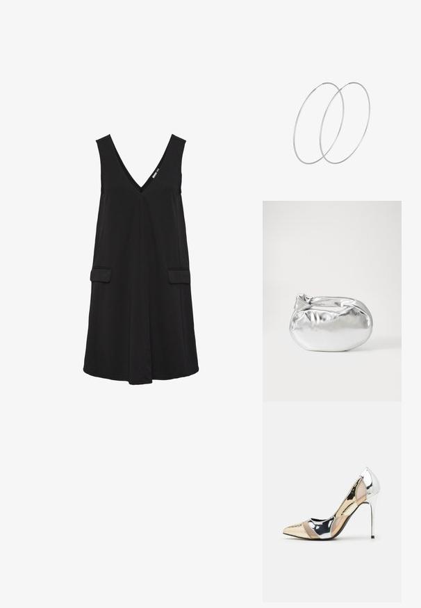 Juodas berankovis V formos suknelė su priekinėmis kišenėmis ir A formos siluetu.; Aštrus pirštas aukštakulnis batelis su sidabro, aukso ir nuogų spalvų deriniu. Blizgus paviršius su išpjovos dizainu, su stiletto kulnu.; Sidabrinė metalinė maišelio forma su švelnia, apvalia forma ir mazgu užveriamu viršumi. Pagaminta iš lygios dirbtinės odos medžiagos.; Sidabrinės pusmėnulio auskarai minimalistiniu dizainu. Apskritimo forma, lygus paviršius ir plonas profilis. Lengvi su poliruotu apdailu.