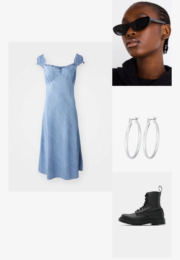 Jeans obleka v svetlo modri barvi s kratkimi, nabrano izrezanimi rokavi, oprijetim korzetom in sprehodnim A-linijskim krilom. Na sprednji strani so gumbi.; Črne usnjene vojaške škornje s okroglo konico, z vezalkami spredaj in z zanko na gležnju. Imajo debele gumijaste podplate za dolgo življenjsko dobo.; Črne mačkaste sončna očala z mat površino, ki se ponašajo s prefinjenim dizajnom in rahlo ukrivljenimi robovi, nastavljene ob modelovih temnih oblačilih.; Srebrni obroči za ušesa z gladko, polirano površino. Okrogla oblika in varna zaponka s klikom. Lahka zasnova, primerna za vsakodnevno nošenje.