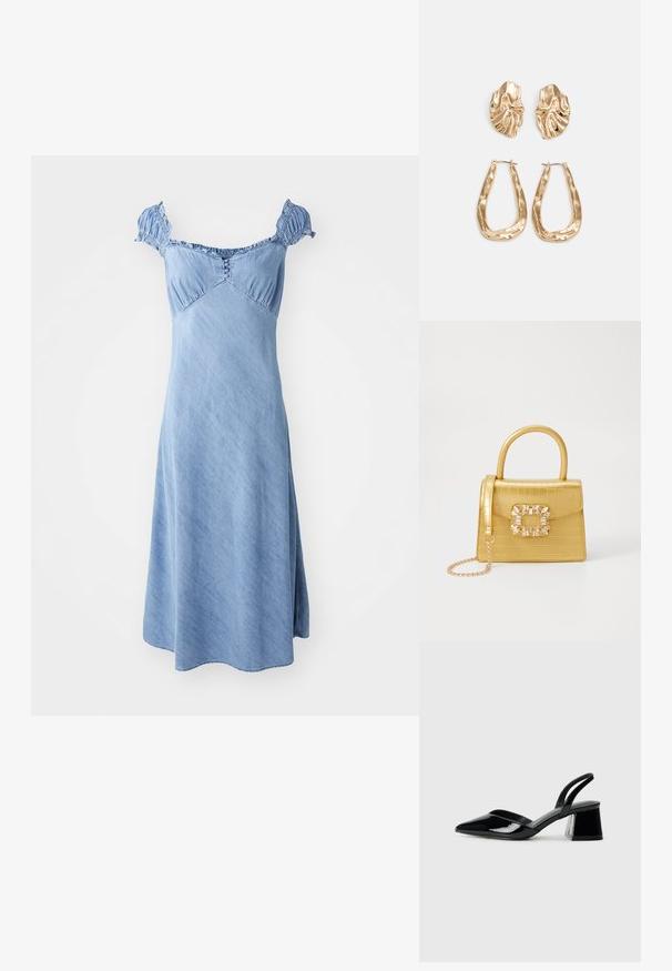 Vestido de denim em azul claro com mangas curtas e franzidas, corpete ajustado e saia fluida em A. Apresenta detalhe de botões na frente.; Sandy em verniz preto com salto slingback, ponta afilada e salto geométrico. Apresenta um design elegante e minimalista com textura suave.; Bolsa amarela em pele de crocodilo falsa, com um design estruturado, pega no topo, alça de corrente removível e decoração de cristal no fecho.; Brincos em tom de ouro com formas onduladas e texturizadas. Inclui studs escultóricos com presilha e um design de argola aberta com um acabamento martelado.