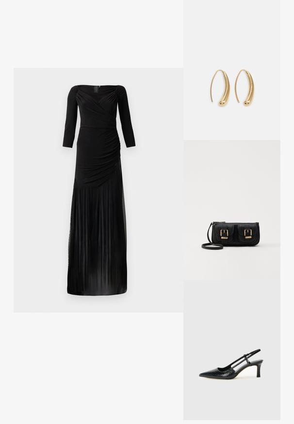 Musta pitkähihaine mekko, jossa on tiivis yläosa ja poimutettu sivuyksityiskohta, sekä läpikuultava hameosa, jossa on pystylaskokset.; Musta patent slingback-kiilakorko teräväkärkisellä muotoilulla, jossa on teksturoitu käärmeennahkakuosi, säädettävä remmi ja lyhyt, teksturoitu blokkiheel.; Musta nahkainen olkalaukku, jossa on kaksi etutaskua, kultaiset soljet, vetoketjukiinnitys ja kapea hihna. Teksturoidun pinnan ja kompaktin suorakaiteen muoto.; Korvakorut kultasävytteistä metallista, joissa on kaareva, pitkänomainen muoto. Ominaisuuksiin kuuluu sileä, kiiltävä pinta ja pyöreä kärki lisäyksinä.