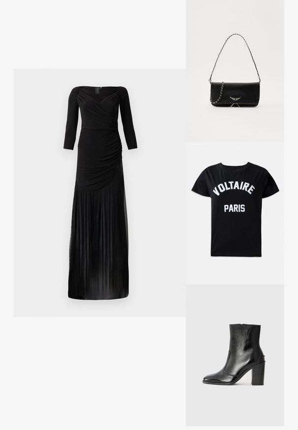 Černé šaty s dlouhým rukávem a přiléhavým živůtkem, s nařasenými detaily na bocích, které mají průhlednou sukni s vertikálními plisováními.; Černé bavlněné tričko s bílým vyšívaným textem "VOLTAIRE PARIS" v tučném písmu, kulatým výstřihem a krátkými rukávy.; Černé kožené kotníkové boty s hladkou texturou, špičatou špičkou a robustním vysokým podpatkem. Mají boční otvor a minimalistický design.; Černá kožená kabelka se stříbrným řetízkovým popruhem, zdobená dekorativními křídly a bílým prošíváním podél spodního švu.