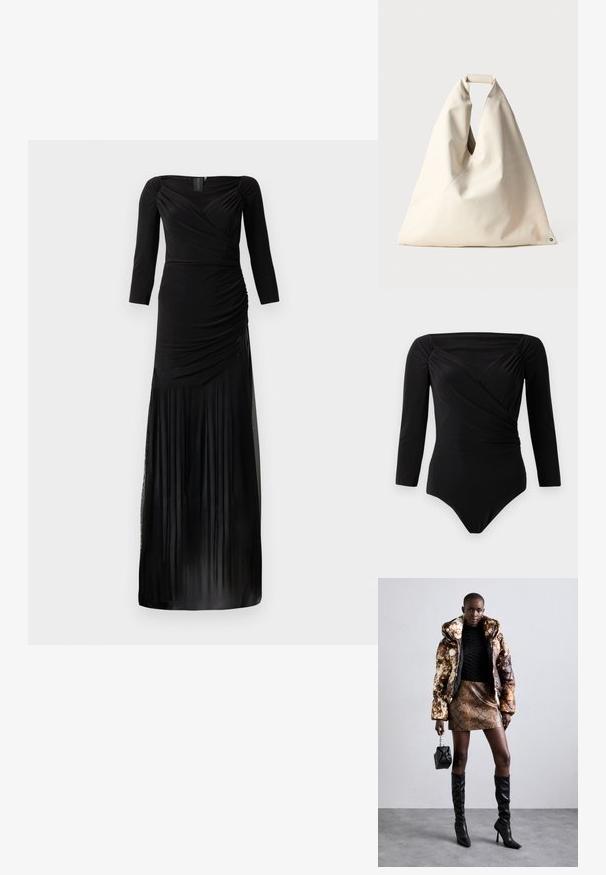 Melnas ilgām piedurknēm kleita ar piegulīgu augšu un savilktu sānu detaļu, ar caurspīdīgu svārku pārklājumu un vertikālām krokām.; Melnā garo piedurkņu bodijā ar apvijuma dizainu, grumbuļotiem akcentiem plecos, gludu tekstūru un dziļu izgriezumu.; Puffa jaka ar brūnu un melnu rakstu, kombinēta ar brūnu čūskas raksta mini svārkiem, melniem līdz ceļgala zābakiem un mazu melnu somiņu.; Beidz, mīksta tekstūras soma ar unikālu vērpjamo rokturi un diagonālu šuvju detaļām. Minimālisma dizains ar apaļu akcentu apakšā.