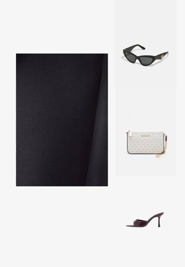 Schwarzer Stoff mit glatter Textur und leichtem Glanz. Hat eine einfarbige Oberfläche ohne Muster, Falten sind im Material sichtbar.; Burgunderfarbene High-Heel-Mules mit quadratischer Zehenpartie, aus glattem Leder gefertigt. Sie verfügen über ein elegantes, minimalistisches Design und einen schmalen Absatz.; Cat-Eye-Sonnenbrille mit mattem schwarzen Kunststoffrahmen, dunklen Gläsern und einem goldenen Logoplatz auf dem Bügel. Winkeliges Design und glatte Oberfläche.; Michael Kors Clutch in beige beschichtetem Canvas mit einem wiederholten MK-Logo-Muster, goldfarbener hardware und einem abnehmbaren Kettenriemen.
