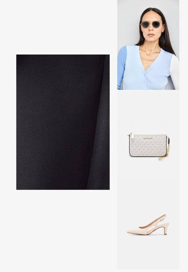 Tessuto nero con una texture liscia e una leggera lucentezza. Presenta un colore uniforme senza motivi, con pieghe visibili nel materiale.; Slingback bianco con punta affusolata, materiale superiore liscio, tacco basso a blocco e design con ritagli laterali, dotato di cinturino regolabile con fibbia.; Occhiali da sole rotondi con lenti scure e montatura dorata. Il modello indossa un cardigan leggero azzurro a costine con bottoni e maniche bianche a contrasto.; Wristlet Michael Kors in tela rivestita beige con motivo a logo MK ripetuto, hardware dorato e tracolla a catena staccabile.
