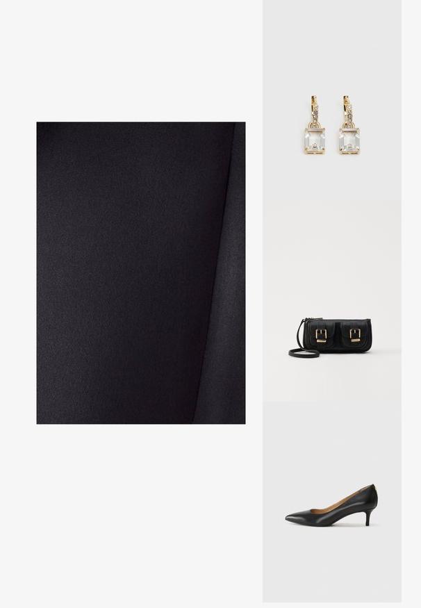 Czarna tkanina o gładkiej strukturze i delikatnym połysku. Ma jednolity kolor bez wzorów, widoczne zagięcia w materiale.; Czarne skórzane szpilki z wąskim noskiem, niskim obcasem i gładką fakturą. Posiadają lekko otwarte przody i minimalne okucia z tyłu.; Czarna skórzana torba na ramię z dwoma przednimi kieszeniami, złotymi klamrami, zamkiem błyskawicznym i cienkim paskiem. Teksturowana powierzchnia i kompaktowy prostokątny kształt.; Złote kolczyki z prostokątnym, przezroczystym kryształem zwisającym poniżej rzędu małych, okrągłych, przezroczystych akcentów. Elegancki, nowoczesny design.